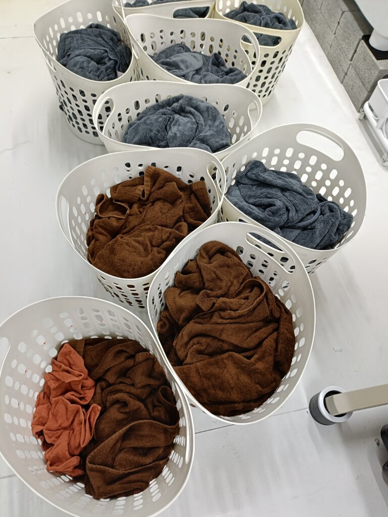 洗濯前の仕分け、バスタオルがランドリバケットに入ってる